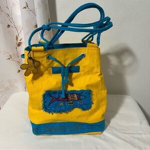 Laurel Burch Canvas Beach Bucket Tote Bag Inspire Love Yellow Blue Fish Design